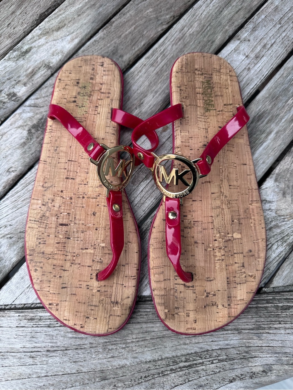 Michael Kors Red Patent Thong Sandals with Gold MK Medallions